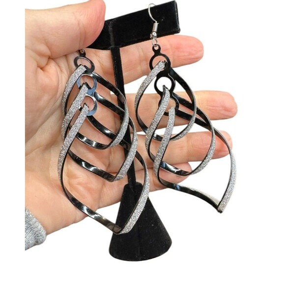 dangle earrings for women 2 pairs black gold tone sparkle 4 inches party - Picture 5 of 16